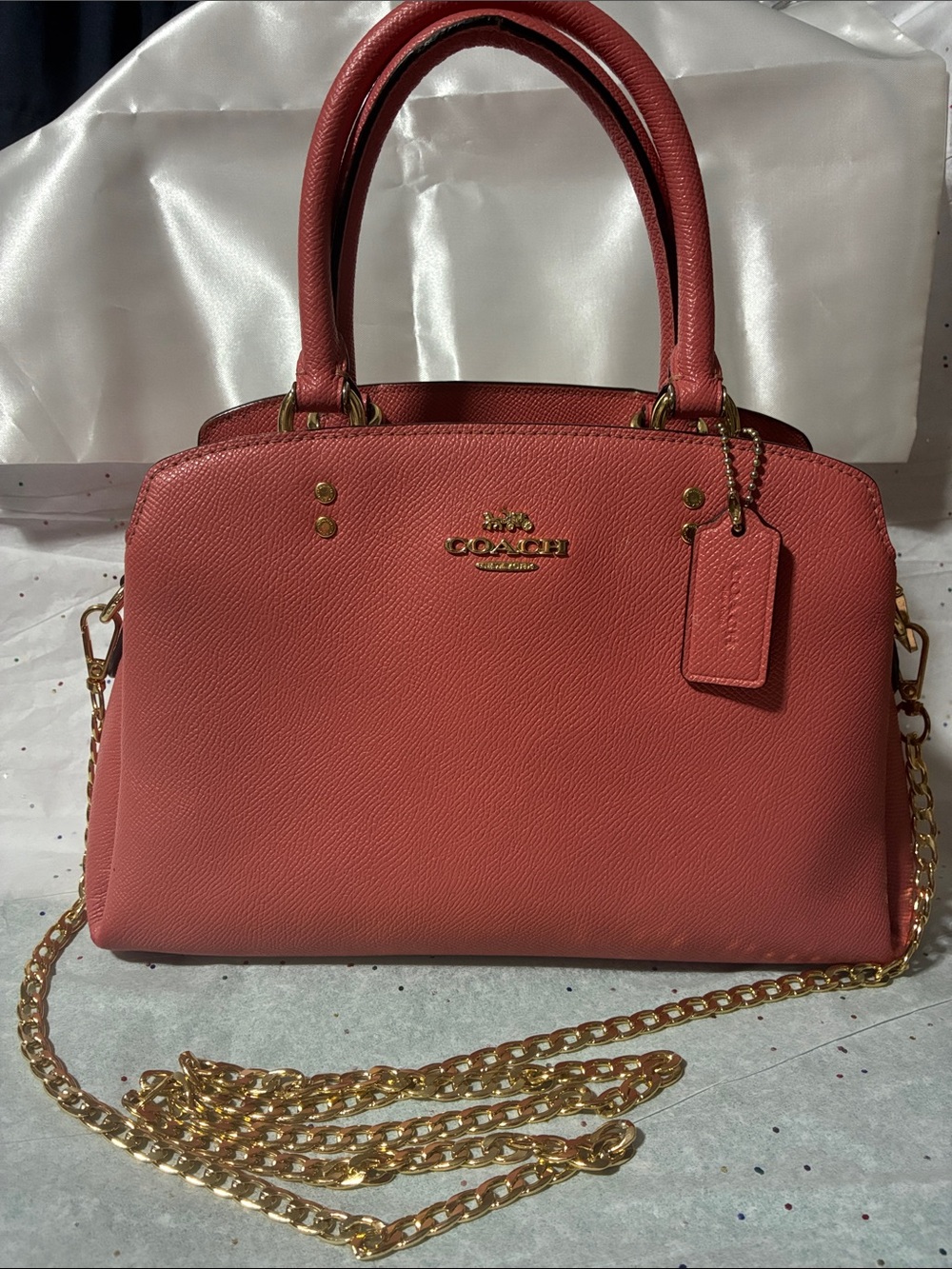 Coach Coral-pink Leather Satchel with Gold Hardware
